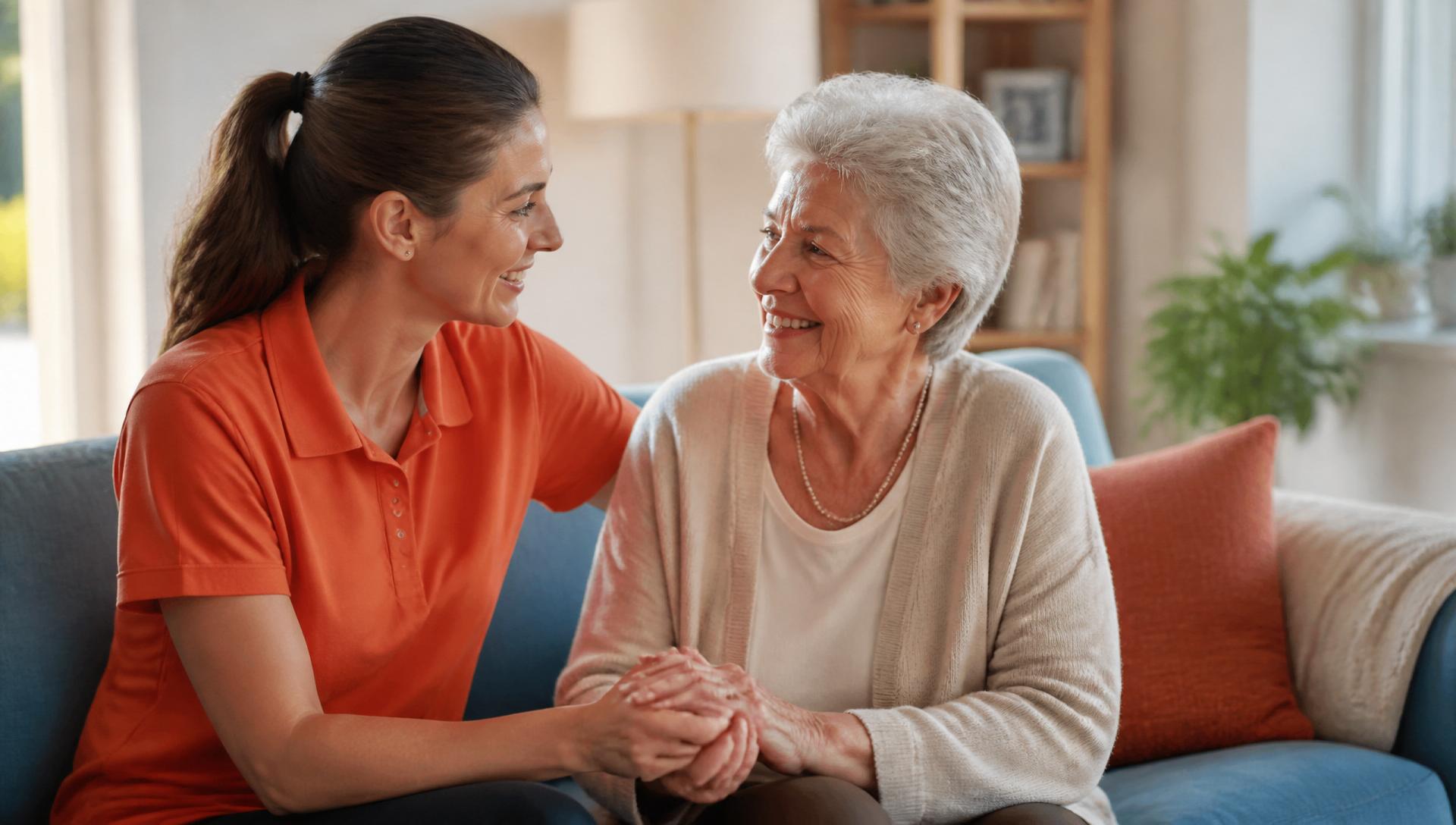 Caregiver warmly holding hands with an elderly woman in a sunlit living room
