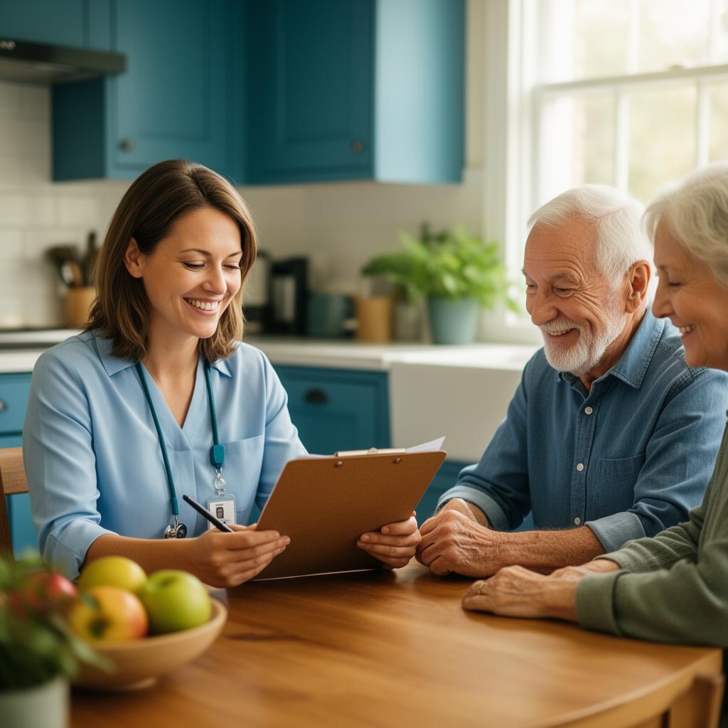 A care coordinator meeting with an elderly couple at their kitchen table to begin the home care assessment